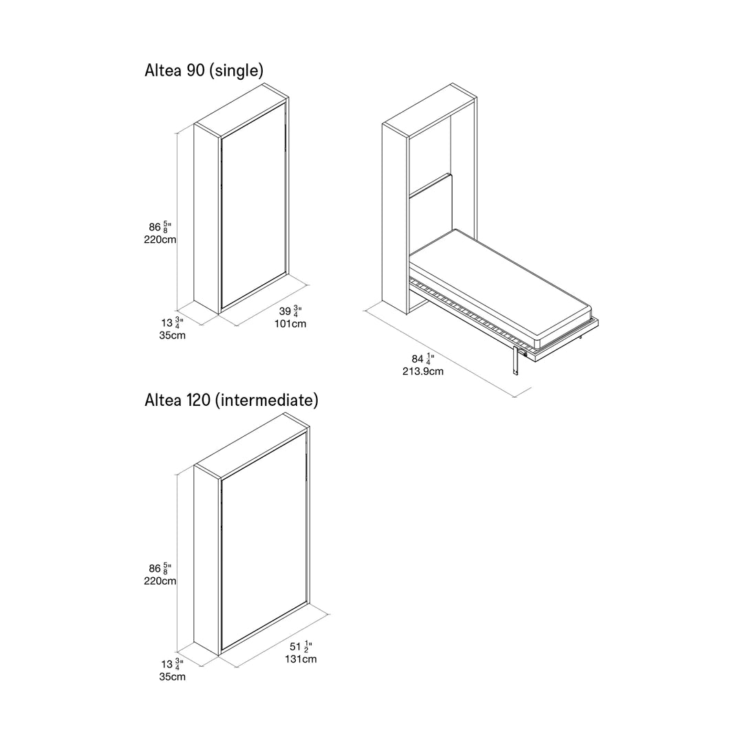 CLEI plain Altea 90 and 120 wall bed dimensions