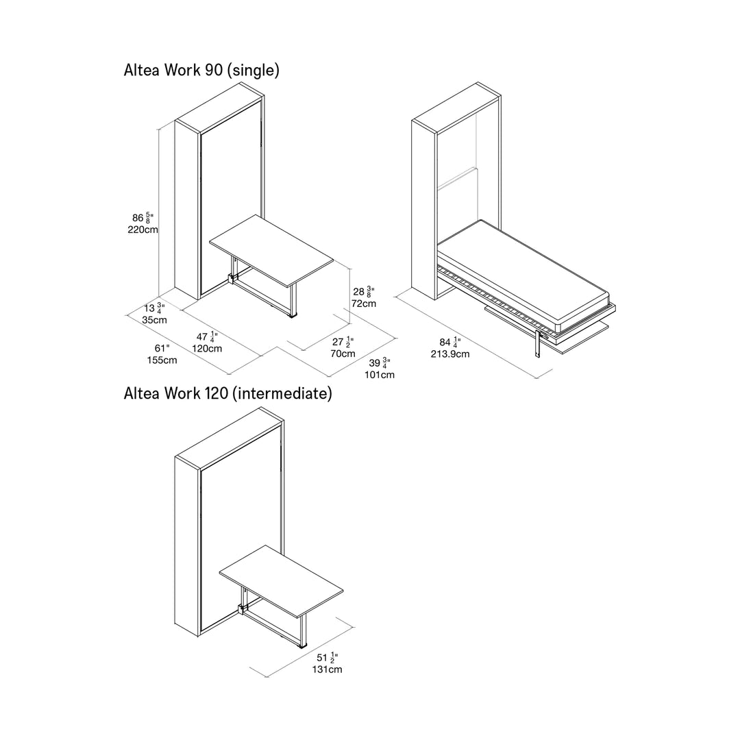 CLEI intermediate Altea Work 120 and Altea Work 120 wall bed dimensions
