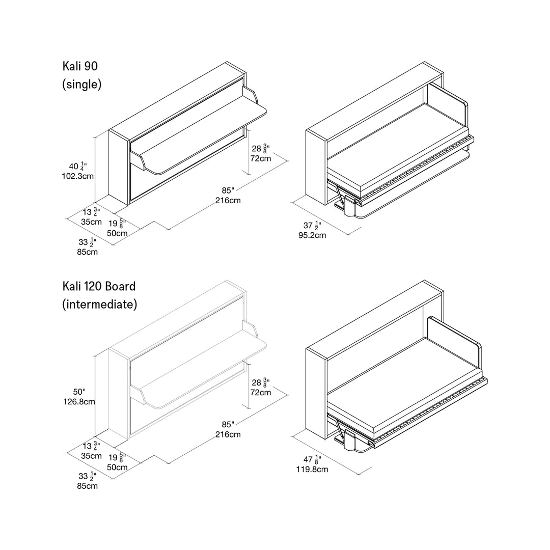 CLEI Kali Board 90 or 120 - single horizontal wall bed with integrated desk dimensions