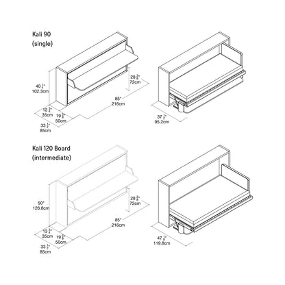 CLEI Kali Board 90 or 120 - single horizontal wall bed with integrated desk dimensions