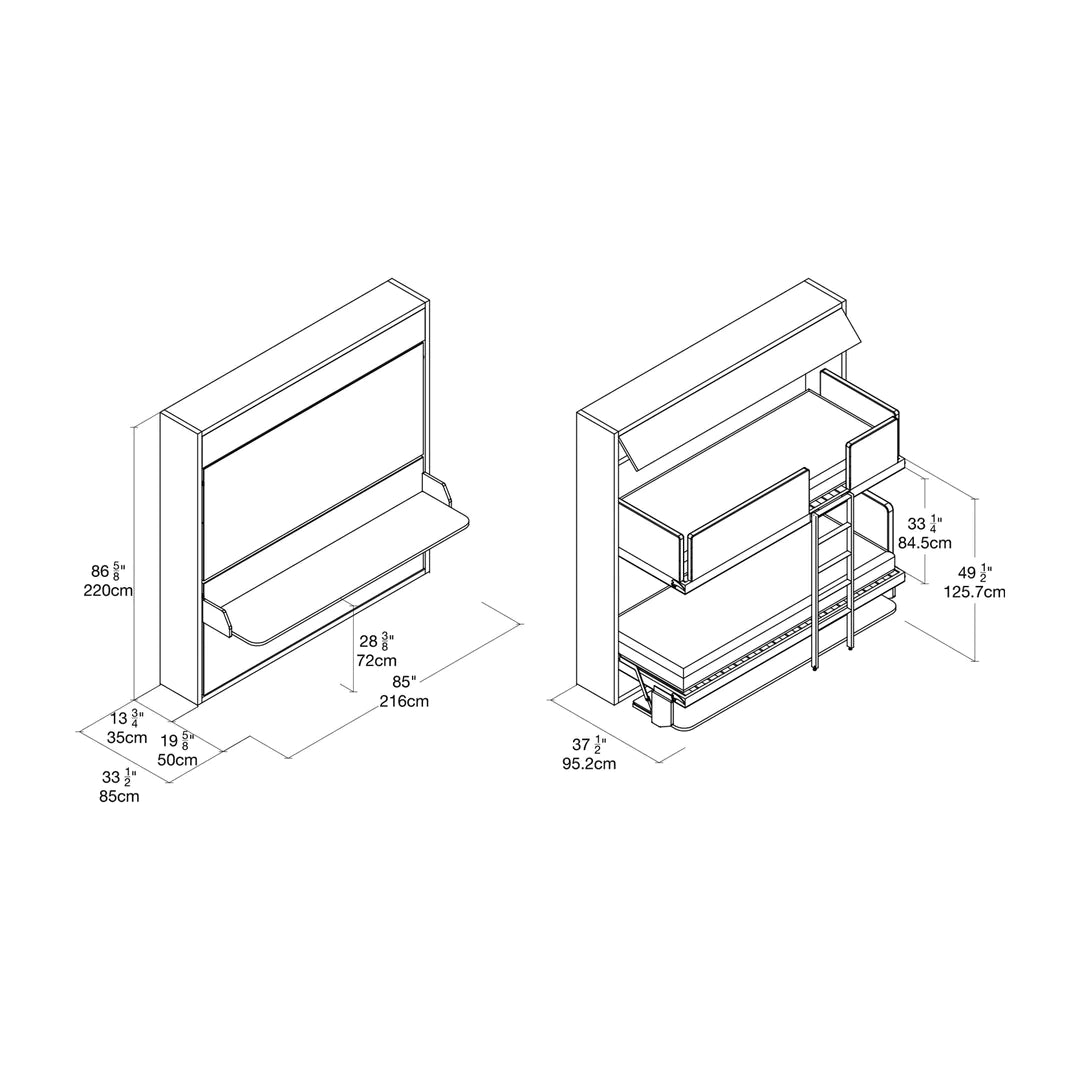 CLEI Kali Duo Board - horizontal wall bunk bed with desk dimensions