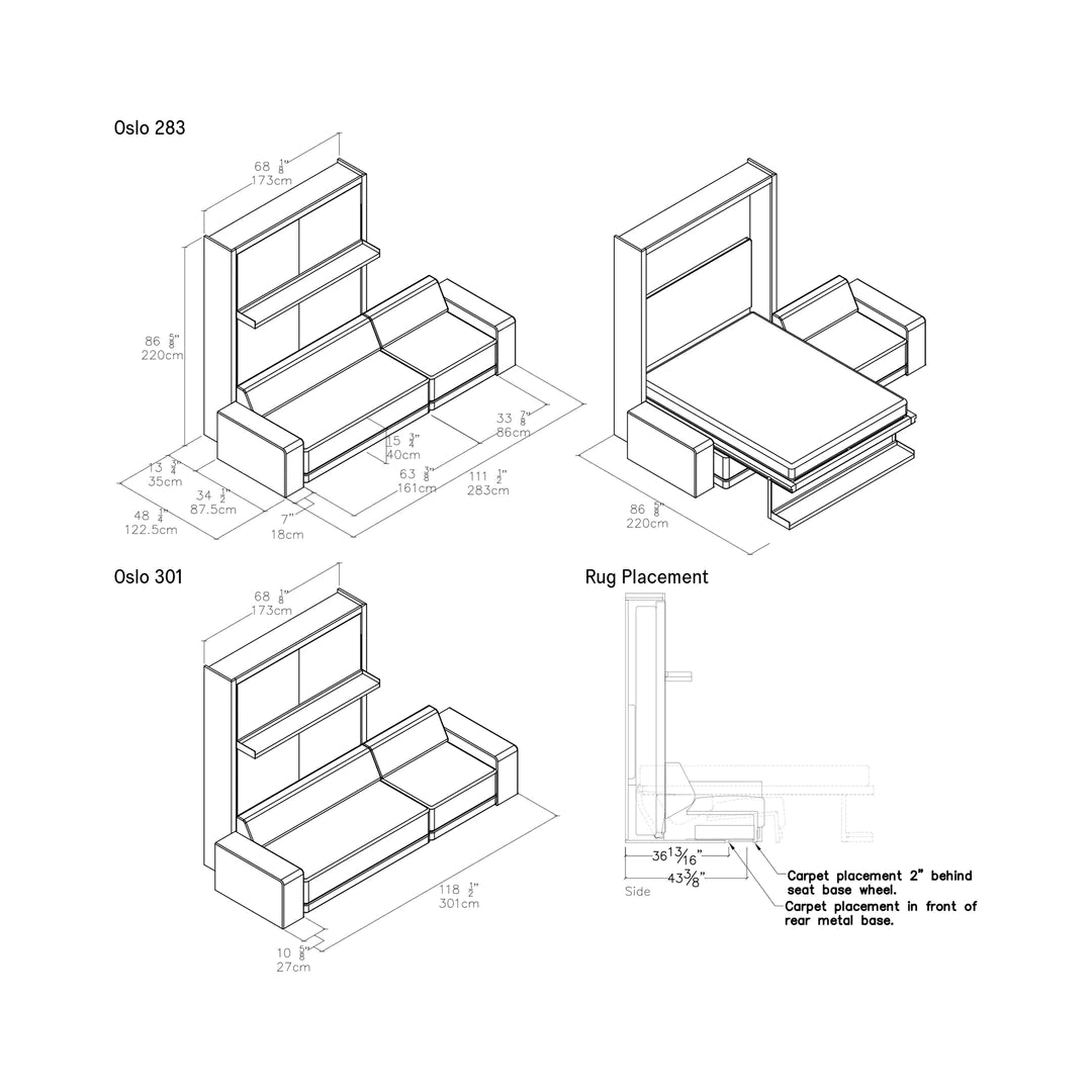 CLEI Oslo Sectional Sofa wall bed - dimensions