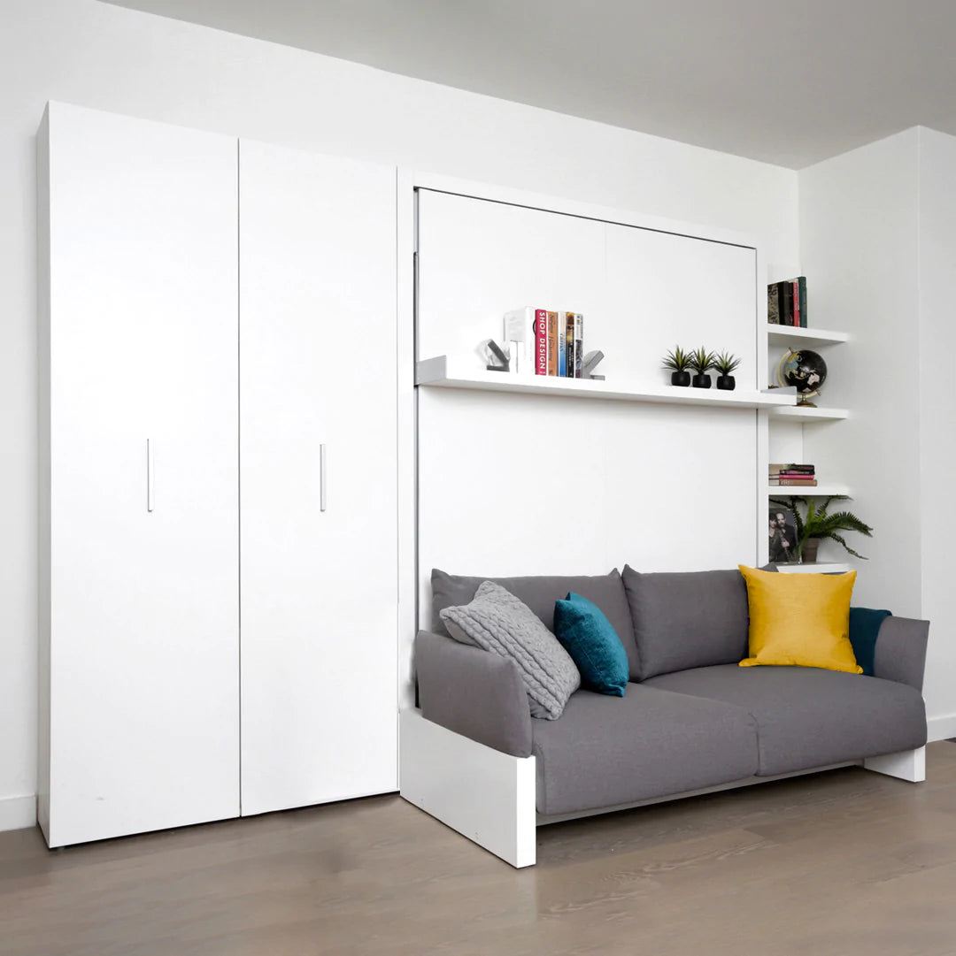 Double door cabinet next to wall bed.