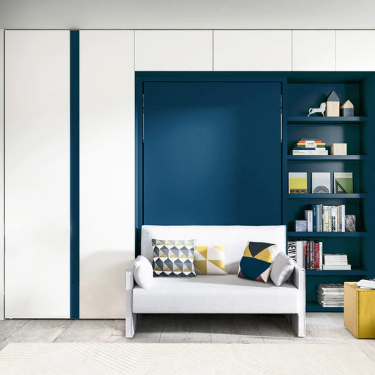 Double door closet next to wall bed.