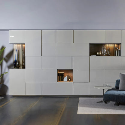 Wall to wall custom cabinetry, including hidden desk and bar.