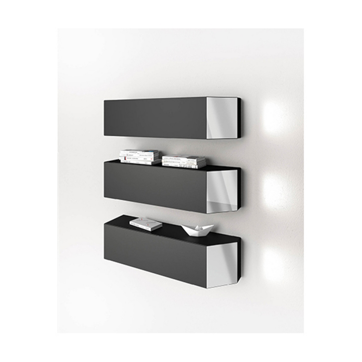 Three wall mounted storage containers with mirrors.