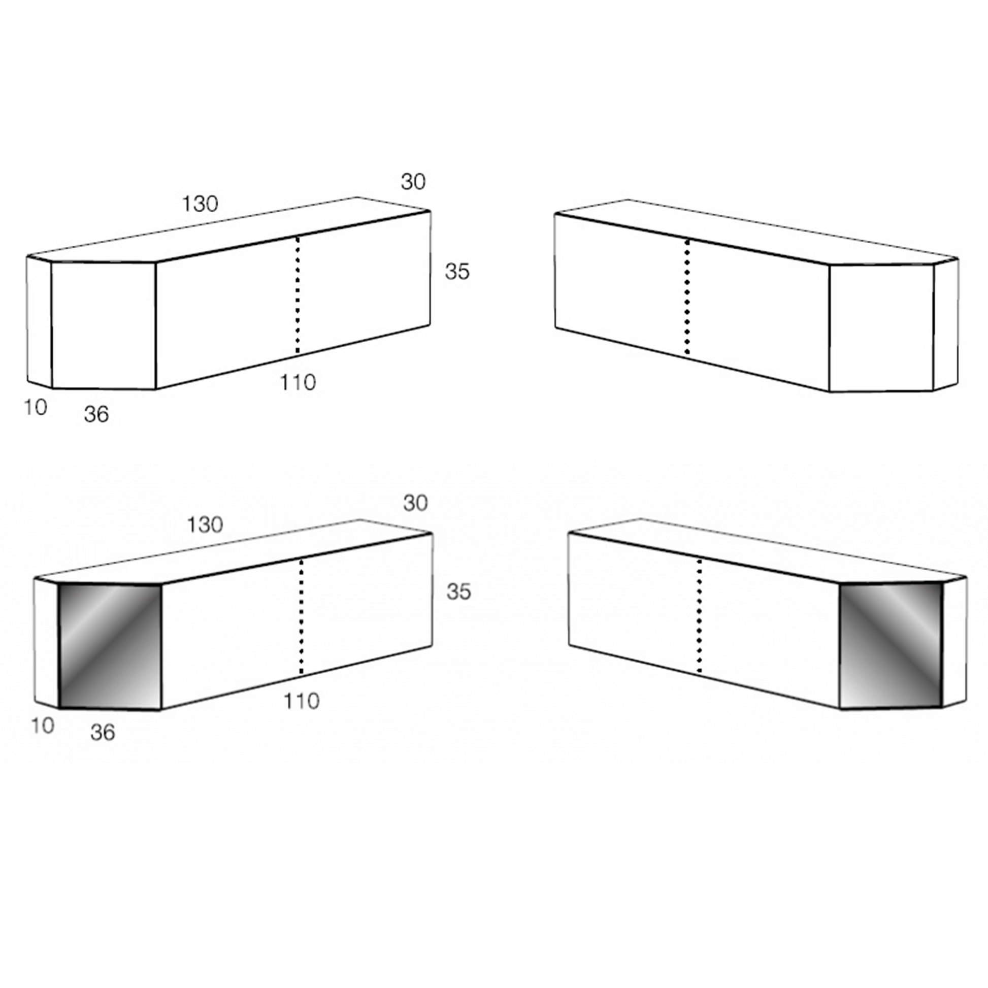 Technical drawing of Canto wall mounted containers, with dimensions.