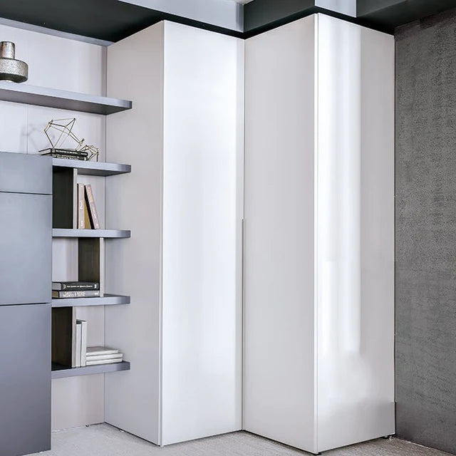 L shaped corner closet, finished in white.