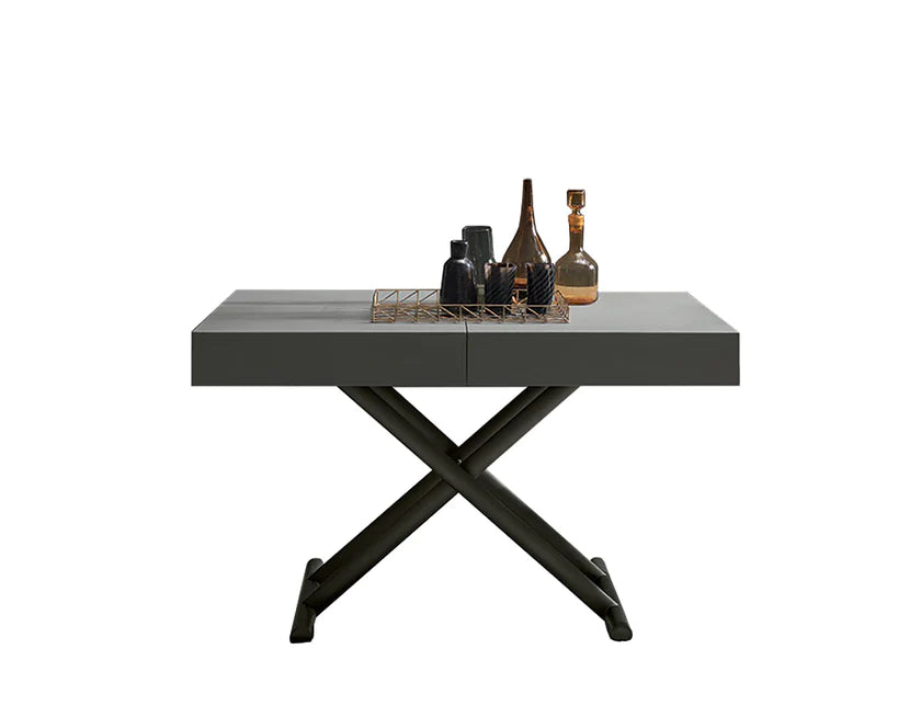 Transforming, expanding table, white background.