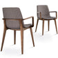 Dining chair with arms, wooden base and grey seat.