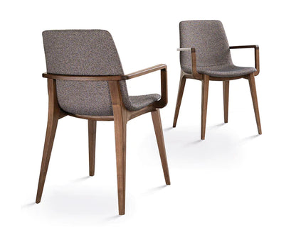 Dining chair with arms, wooden base and grey seat.