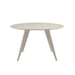 Round extendable dining table, white background.