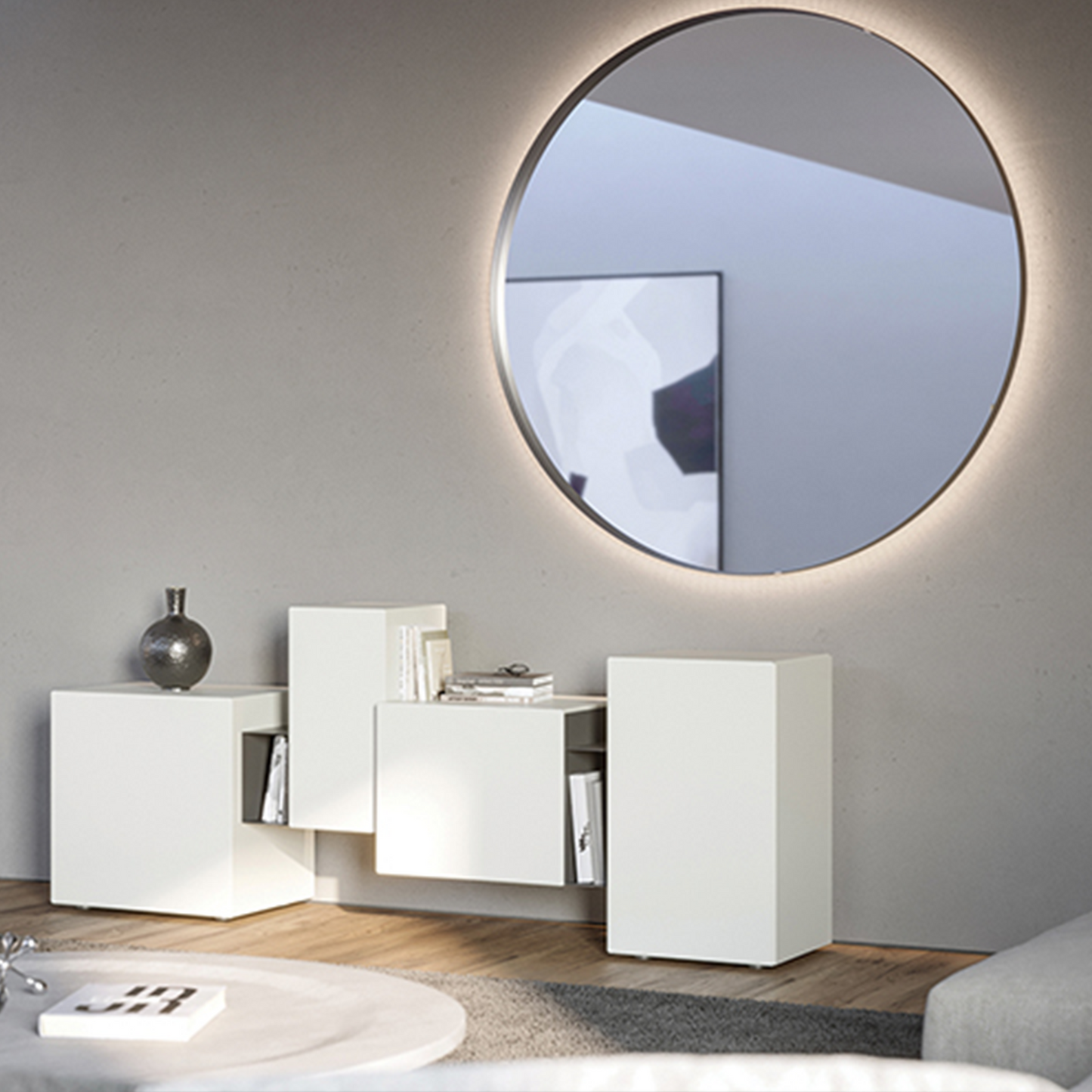 Circular wall mirror with LED backlight.