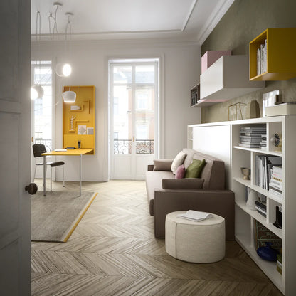 Modular bookcase in bedroom.