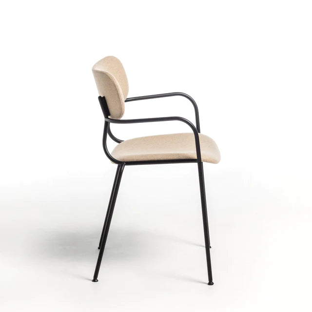 Dining chair with wooden seat and metal structure.