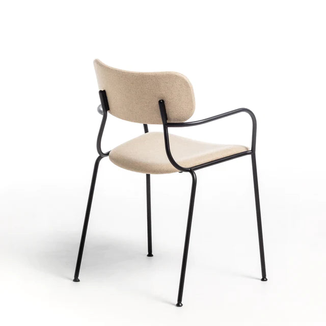 Dining chair with wooden seat and metal structure.