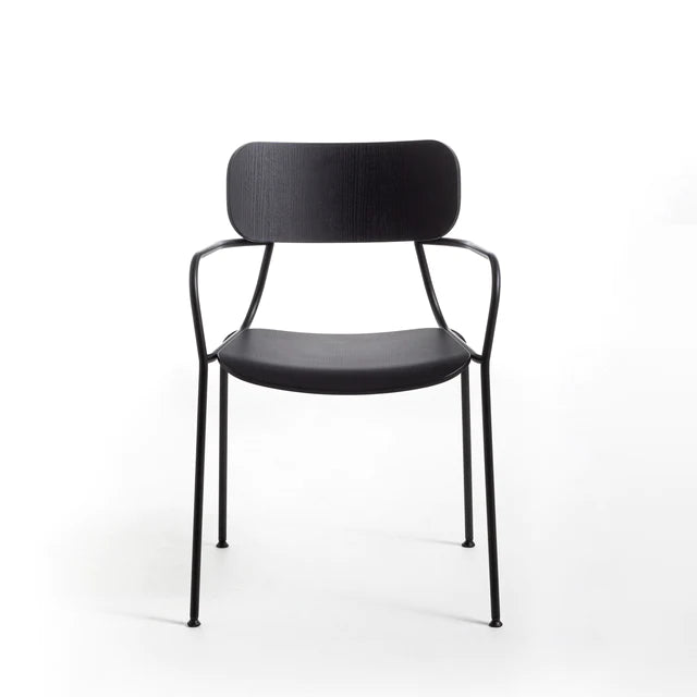 Dining chair with wooden seat and metal structure.