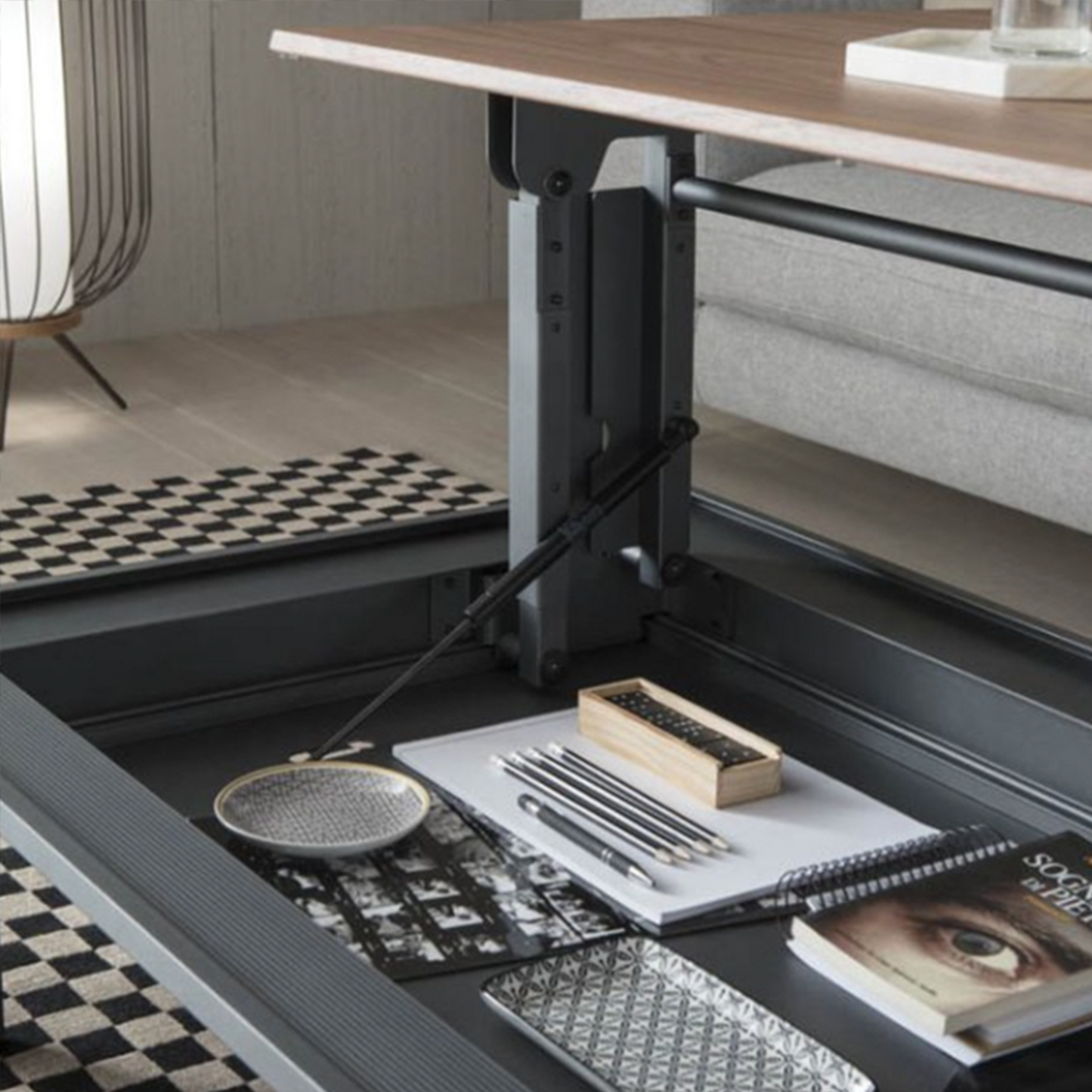 Storage within the base of Metrino coffee table.