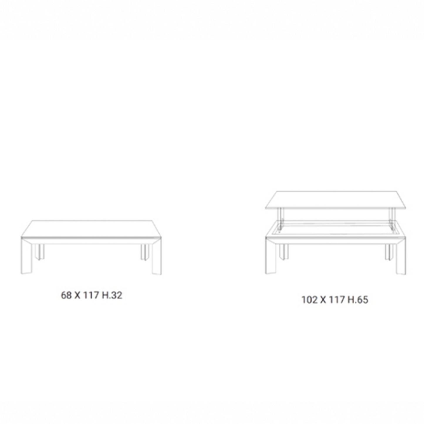 Metrino coffee table technical drawing with dimensions.