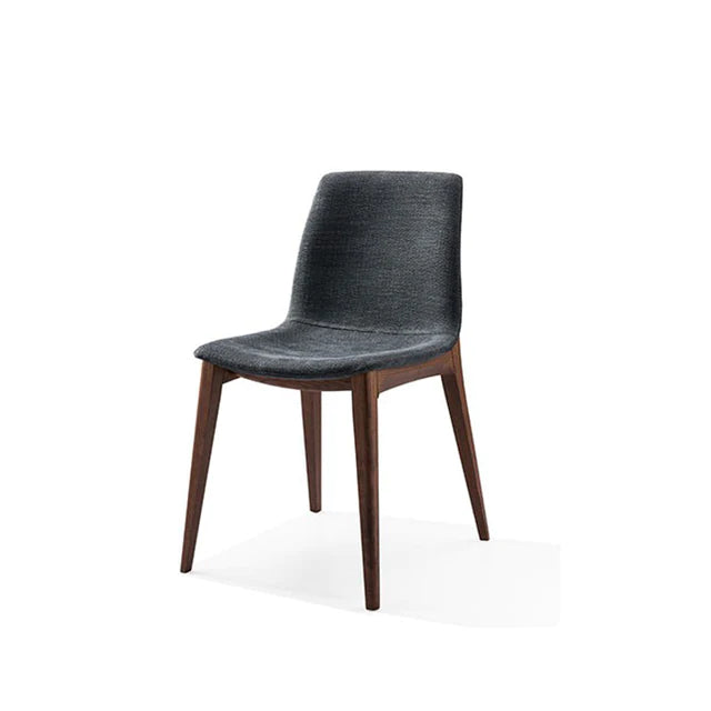 Front view of dining chair with wooden legs and grey seat, white background.