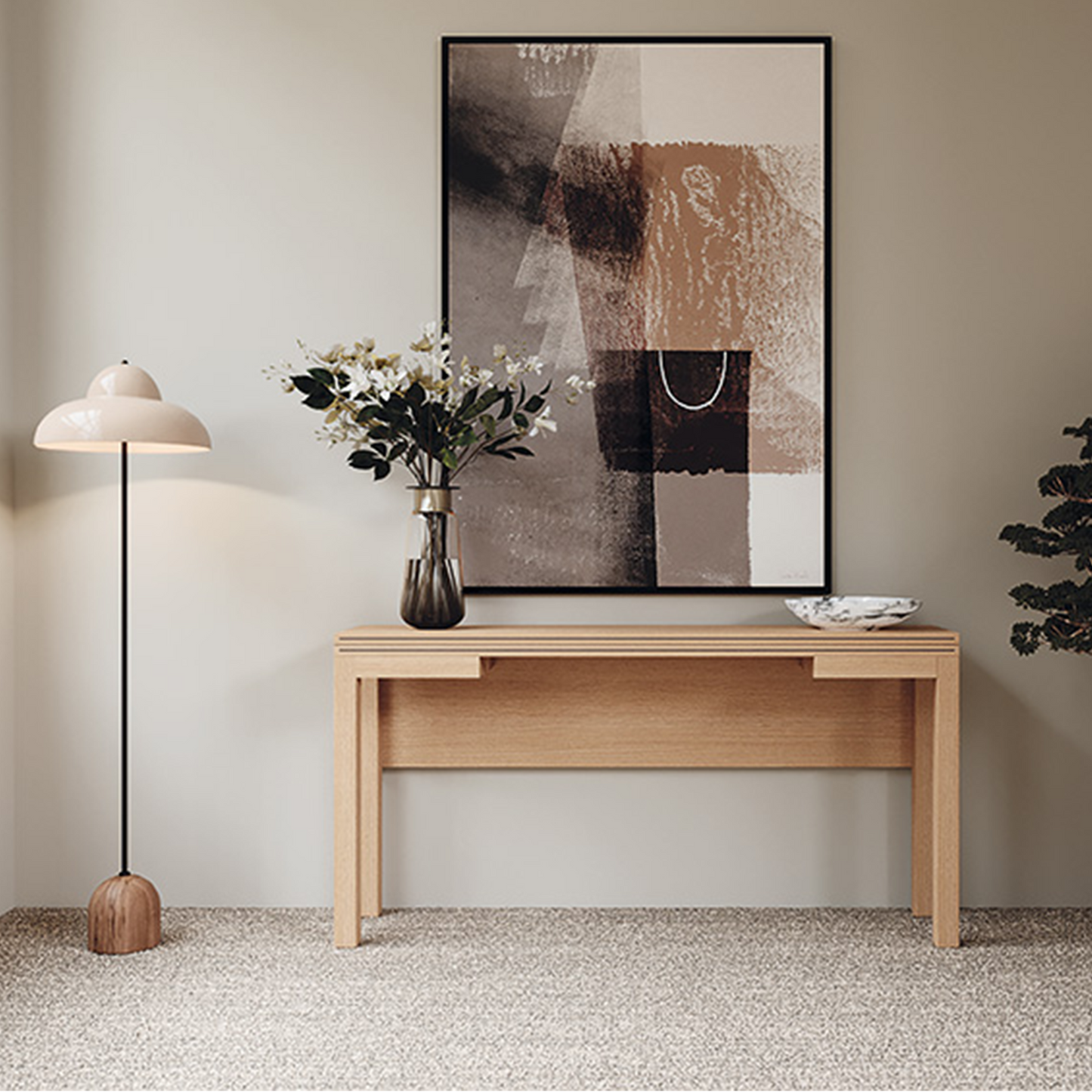 Papillon Wooden console table against wall.