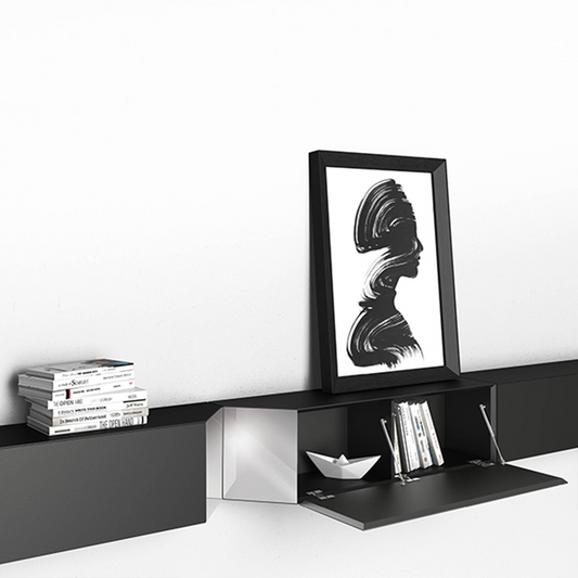 Wall mounted storage containers with mirror features, open.