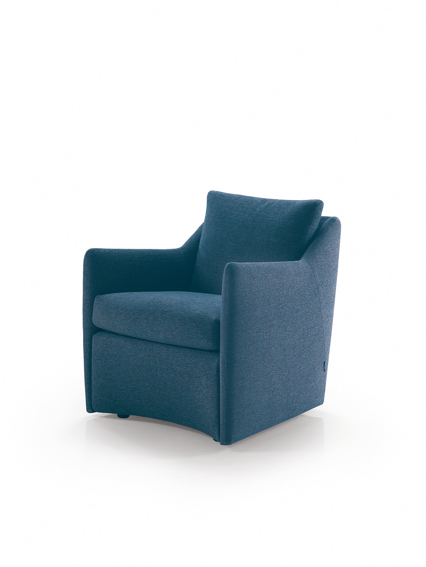 Small footprint armchair with swivel base.