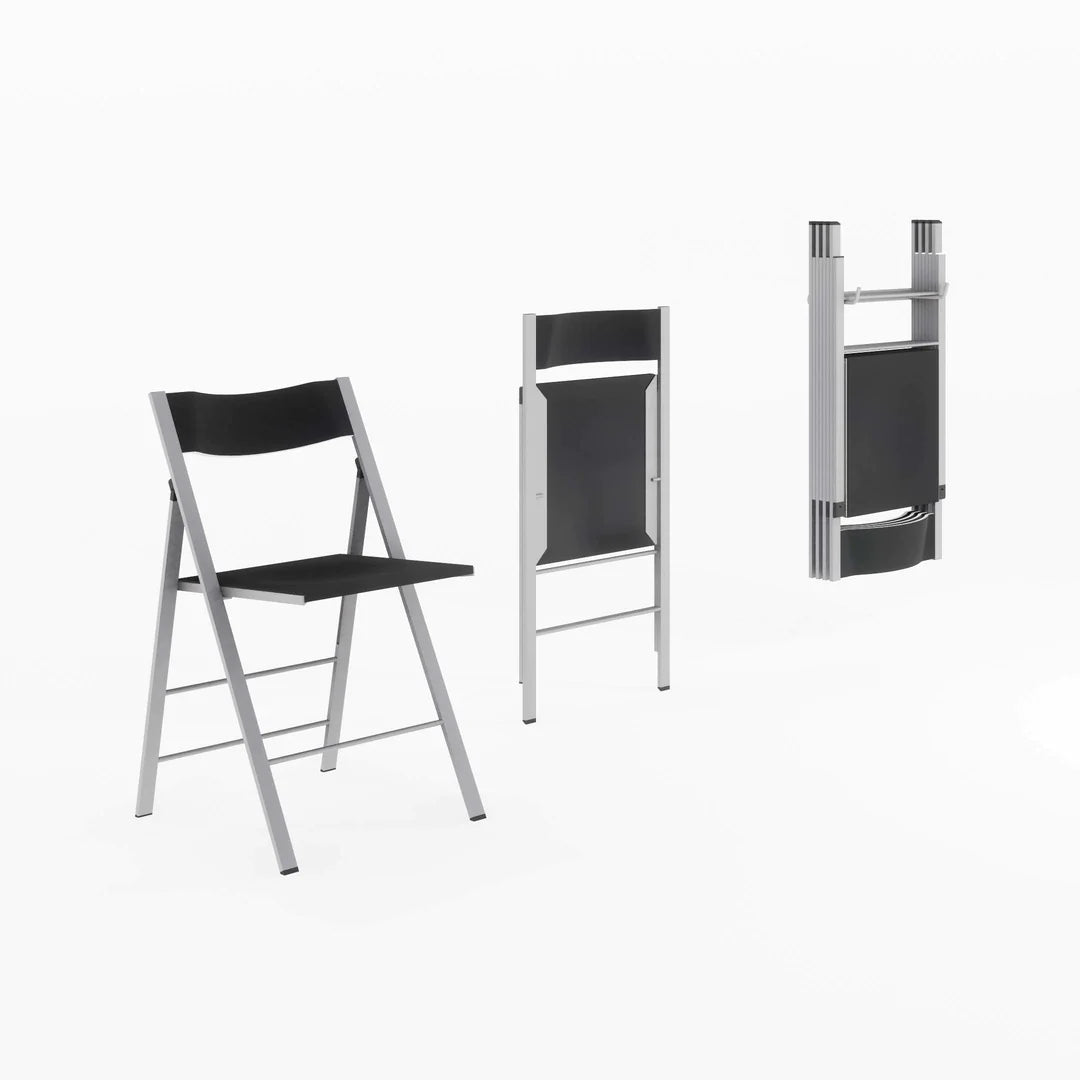 Folding dining chair in open and closed positions, and hanging on hook for storage.