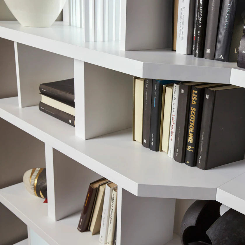 Close up of angled custom shelving unit.