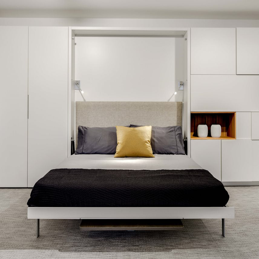 Clei Ulisse Dining wall bed with integrated dining table, open to comfortable bed with built in lighting.