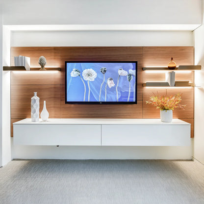 Smaller version of wall mounted media unit finished with Walnut back panels, gold shelves and white storage containers.