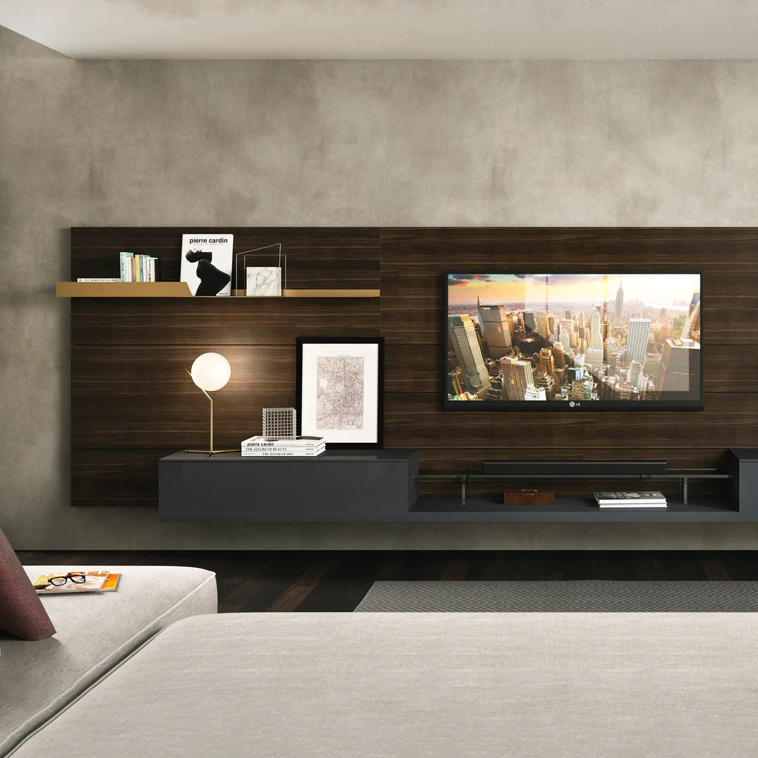 Wall mounted media unit with shelving and lower storage from a different angle.